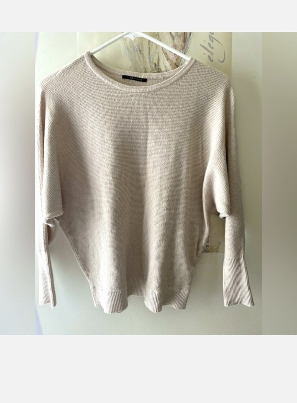Tahari Light Cream Waffle-Knit Crewneck Sweater